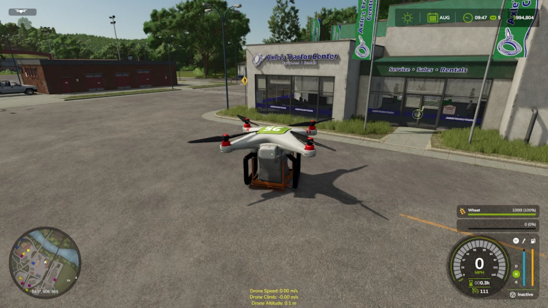 Farming Simulator 25 mod: Pallet Drone v1.0.0.0, a drone delivering pallets outside an Axle's Tractor Center building in the game.