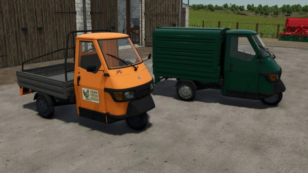 Farming Simulator 25 mod: Piaggio Ape 50 Van/Cross in orange and green parked outdoors.