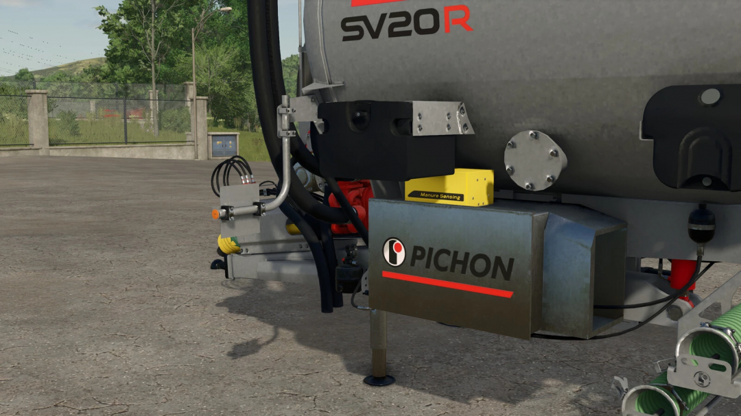 Close-up of the Pichon SV20R manure spreader mod in Farming Simulator 25, showing detailed hydraulic and sensor components, part of FS25 mods.