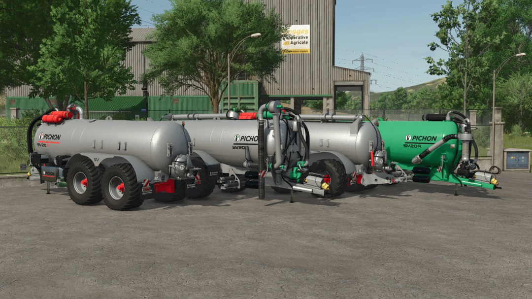 Farming Simulator 25 mod: Pichon SV20R slurry and manure tanker trailer parked outdoors, ready for farm use.