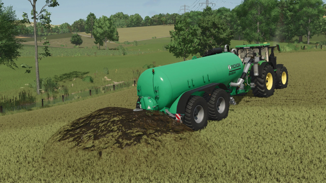 Farming Simulator 25 mod: Pichon SV20R manure tanker spreading manure on fields.