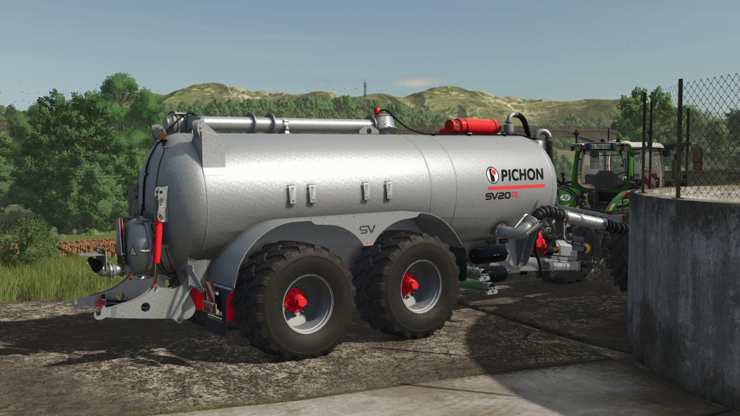 Farming Simulator 25 mods: Pichon SV20R liquid manure tanker mod on a farm with a tractor in the background.