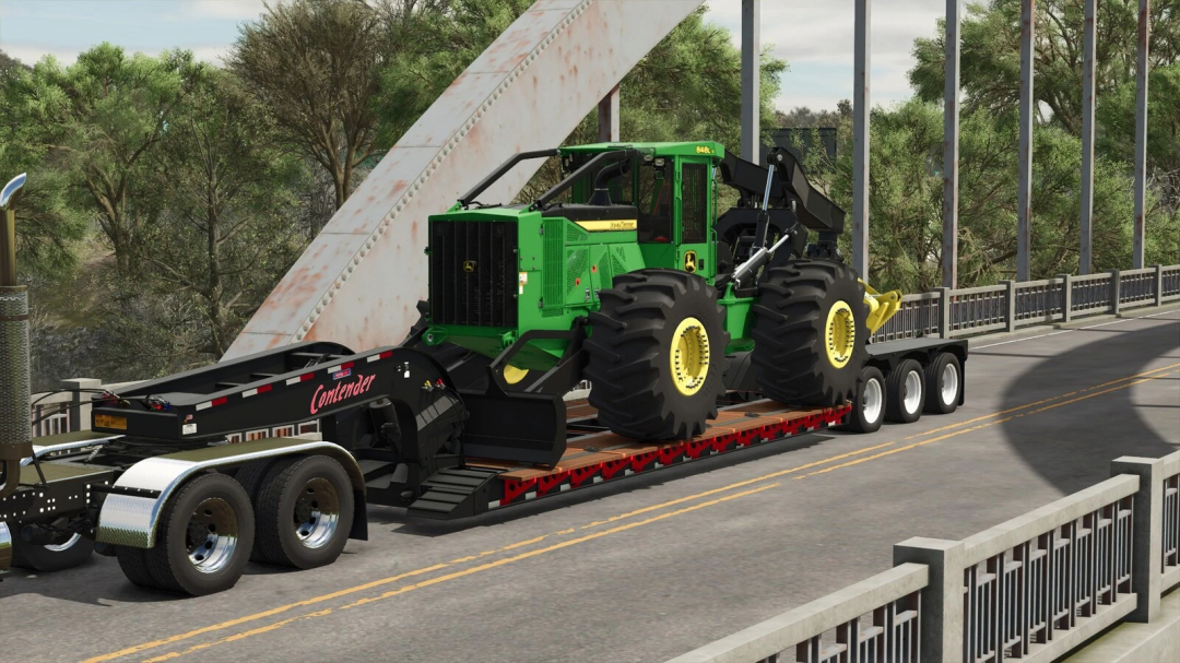 Farming Simulator 25 mods: John Deere tractor on a trailer for transport, ready for farm work in FS25.