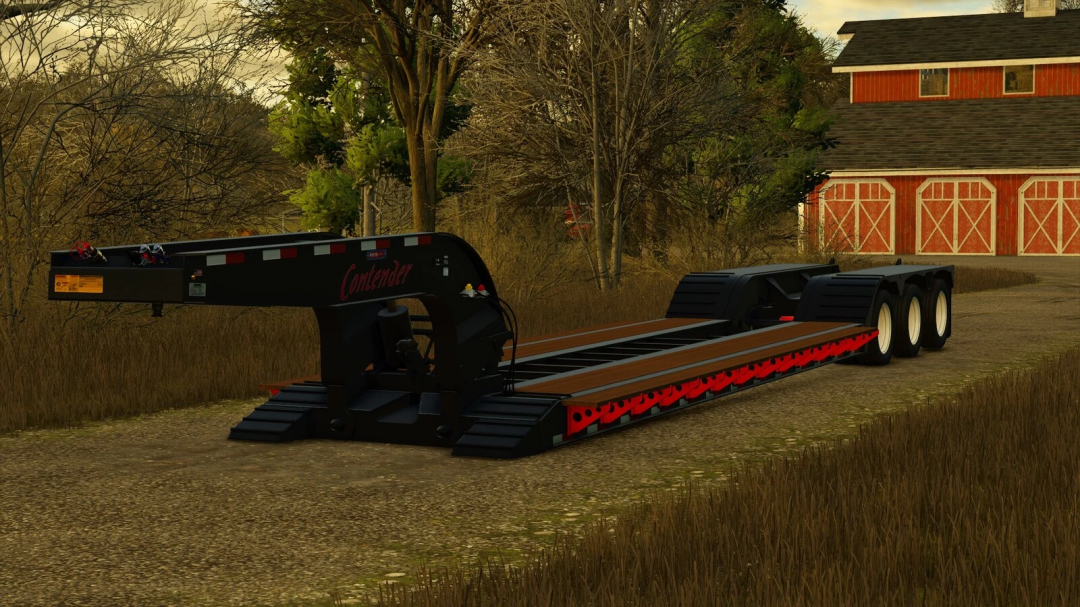 Farming Simulator 25 mod: Pitts LB55-DC farming trailer on a dirt path near a barn in a rural setting.