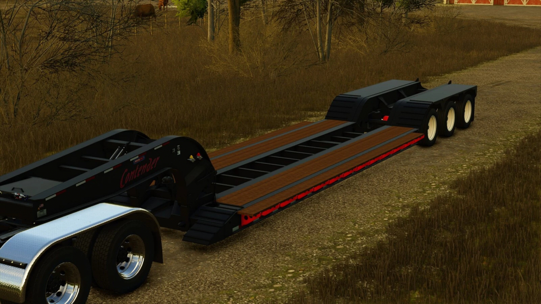 Farming Simulator 25 mods: Custom flatbed trailer for transporting equipment, shown on a dirt road with trees and grass in the background.