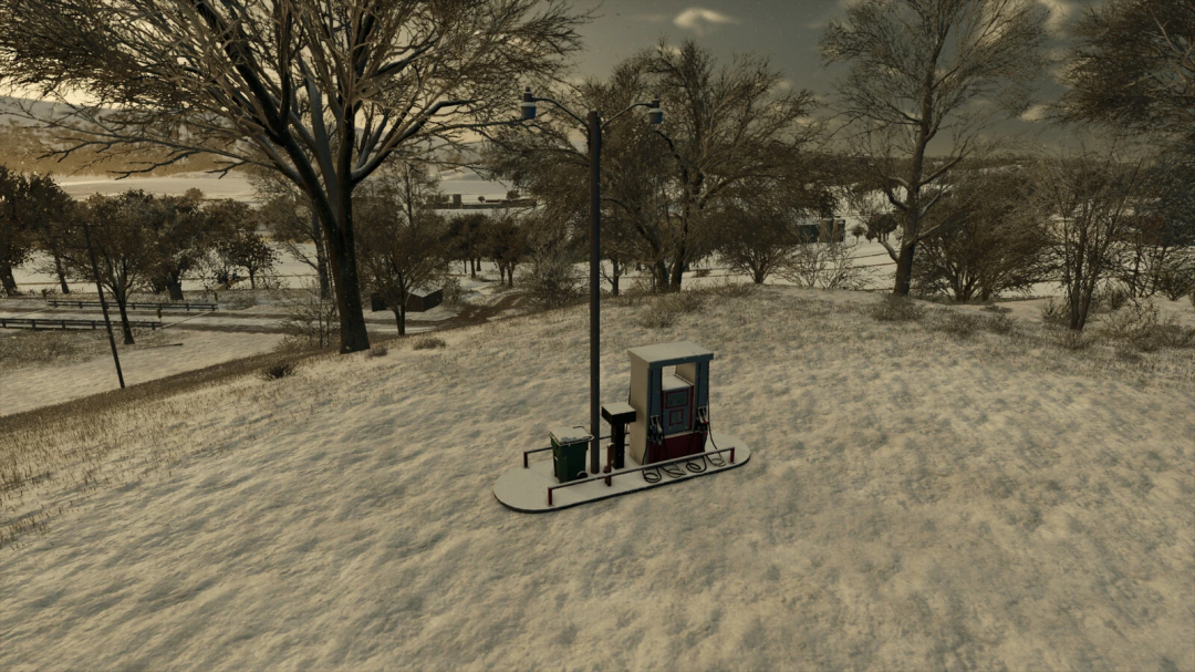 Placeable Gas Station v1.0.0.0 in Farming Simulator 25 on snowy landscape, part of FS25 mods collection.