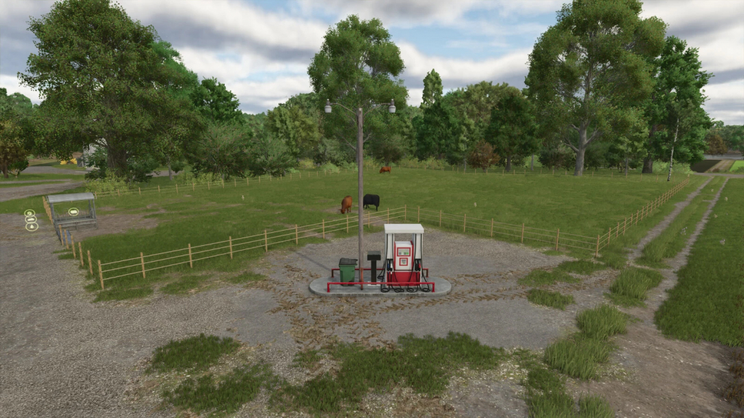Placeable Gas Station v1.0.0.0 in Farming Simulator 25, situated on a rural farm with trees, cows, and a gravel driveway.