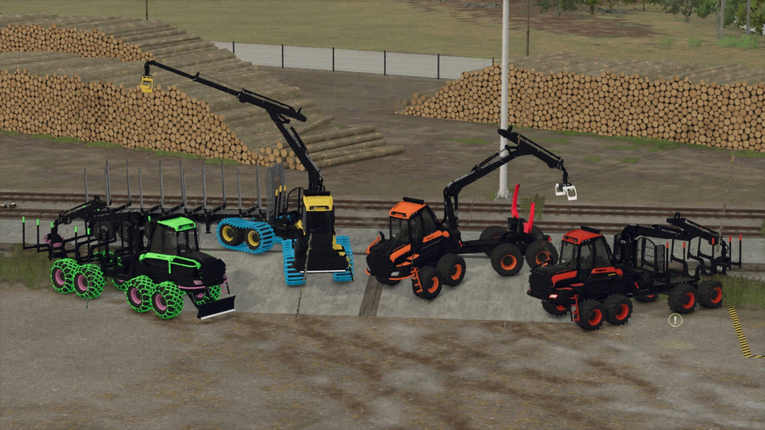 Farming Simulator 25 mods with various logging equipment, including forwarders, cranes, and trackers for forestry management.