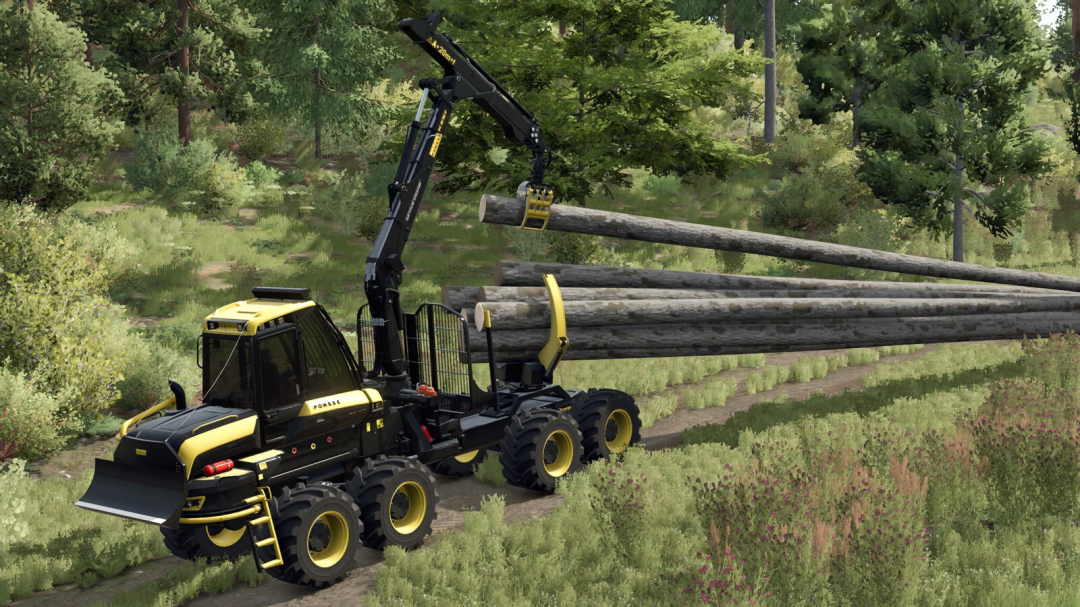 Farming Simulator 25 mod: Ponsse Forwarder Pack v1.0.0.0 featuring logging machinery in a forest environment.