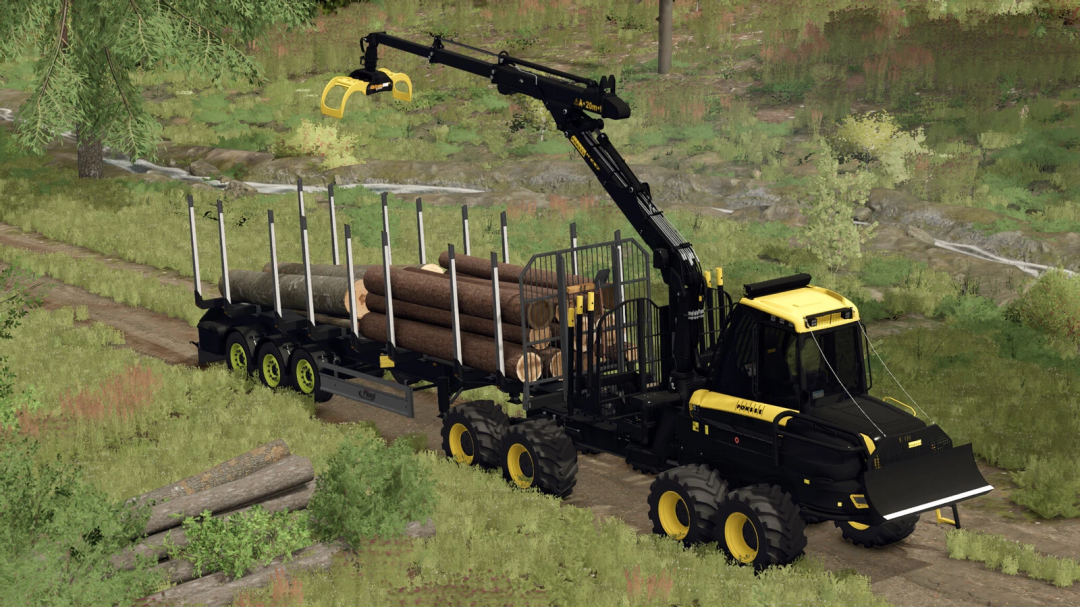 Farming Simulator 25 mod showcasing black logging vehicle with crane transporting logs, part of Ponsse Forwarder Pack v1.0.0.0.