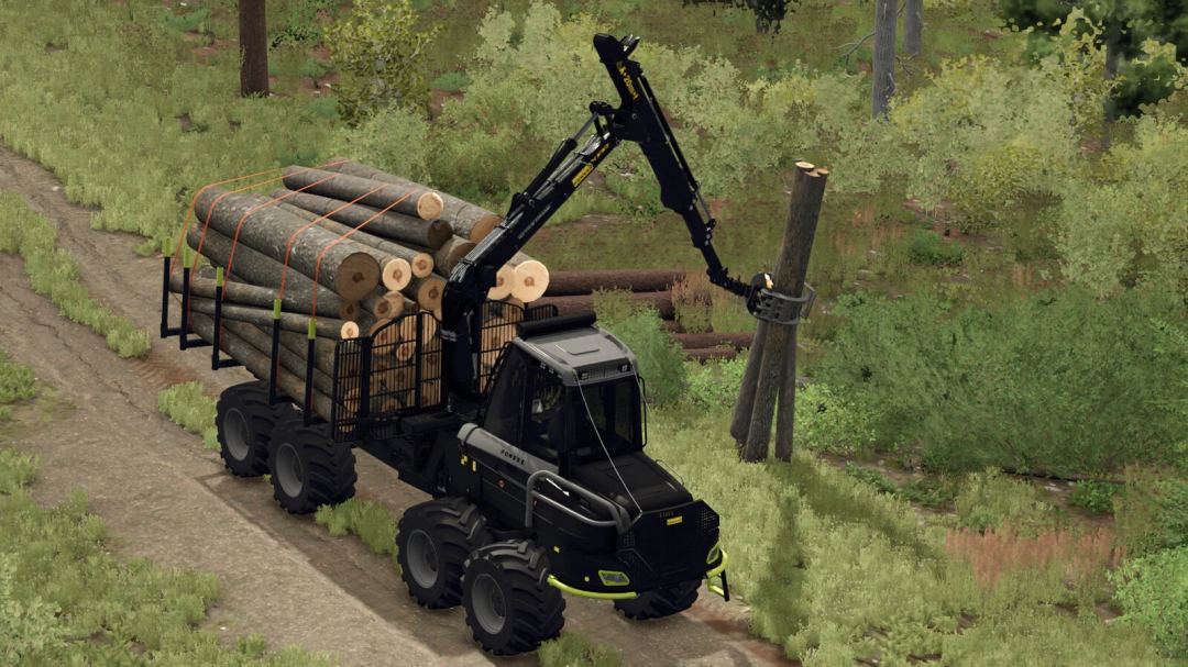 Farming Simulator 25 mod: Ponsse Forwarder Pack v1.0.0.0 with a forestry machine transporting logs.