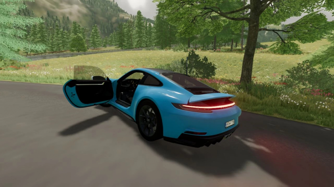 Blue Porsche GT3 mod from Farming Simulator 22, parked on a road with open door, surrounded by green trees and landscape.