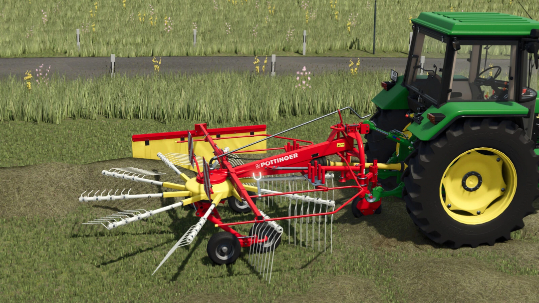 Farming Simulator 25 mod: Pöttinger EUROTOP 340 N v1.0.0.0 hay rake attached to a green tractor in a field.