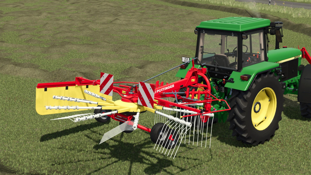 Farming Simulator 25 mod: Pöttinger EUROTOP 340 N hay tedder attached to a green tractor on a farm field.