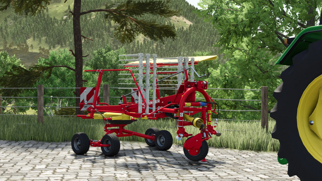 Farming Simulator 25 mod: Pöttinger EUROTOP 340 N hay rake attachment on a farm with trees and tractor in background.