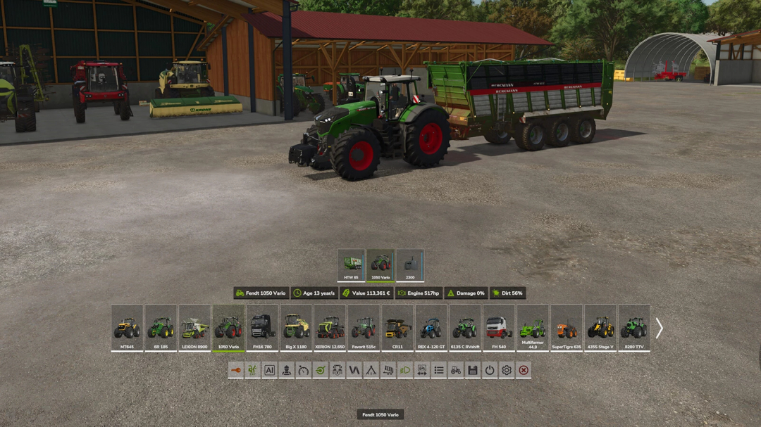 Farming Simulator 25 mod: Fendt 1050 Vario tractor with attached trailer, part of the Quick Selector v1.0.0.0 mod for FS25.