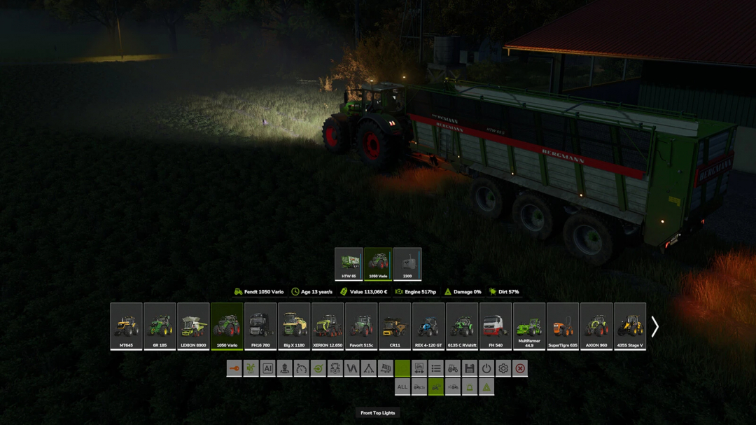 Night scene from Farming Simulator 25 showcasing the Quick Selector v1.0.0.0 mod with a tractor and large trailer illuminated in the dark.