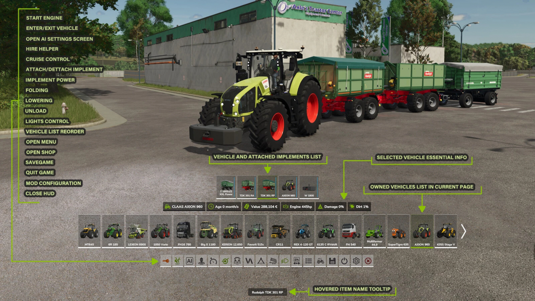 Farming Simulator 25 mod menu with a green tractor attached to trailers, showing vehicle info and options for farming management.
