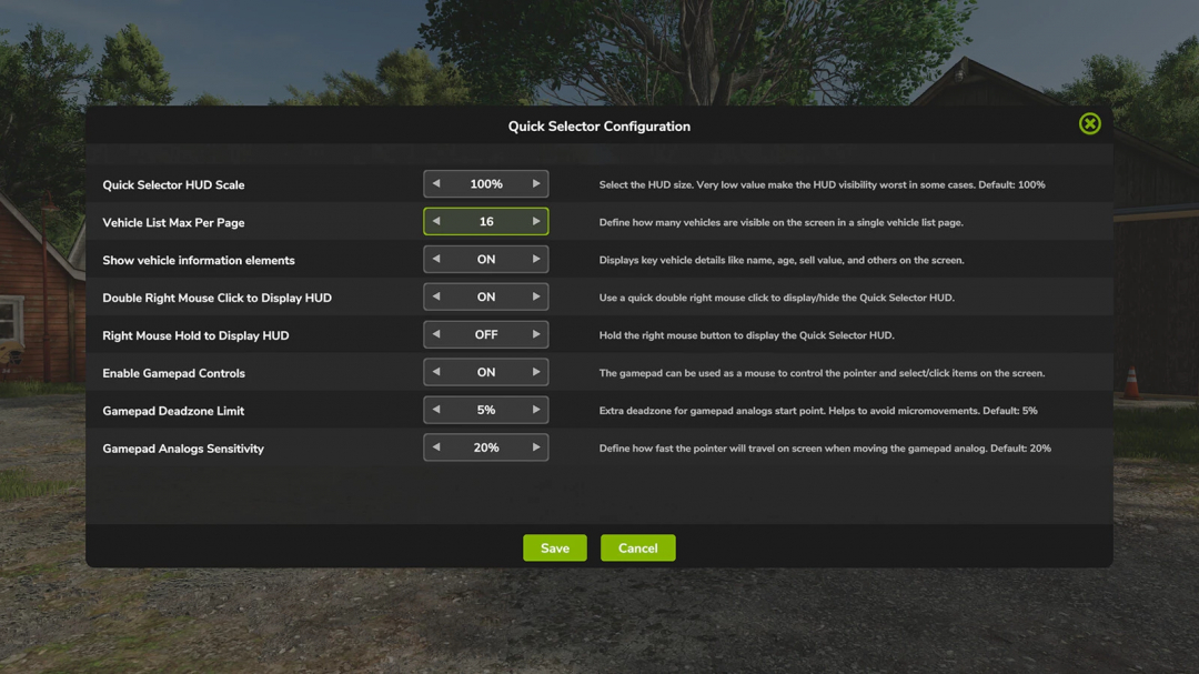 Farming Simulator 25 mod screenshot showing Quick Selector configuration menu with various HUD settings.