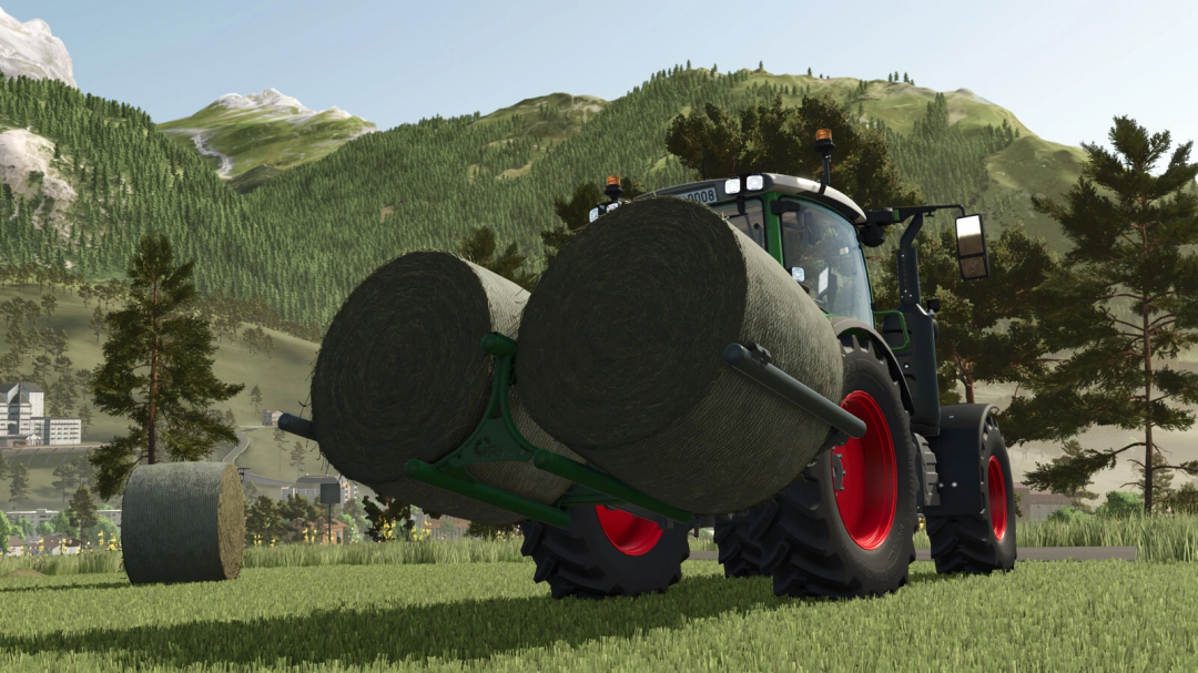 Farming Simulator 25 mod: RKL BGD-S Premerer v1.0.0.0 tractor carrying hay bales with scenic mountain and forest background.
