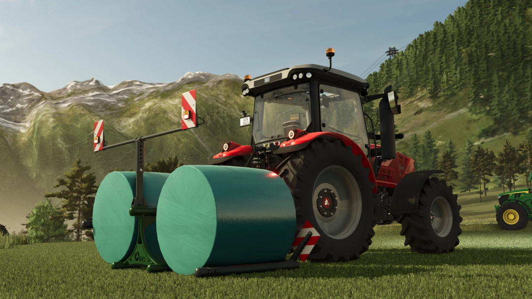 Farming Simulator 25 mod: RKL BGD-S Premerer v1.0.0.0 tractor with large rollers and safety warning flags.