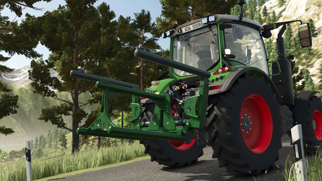 Farming Simulator 25 mod: RKL BGD-S Premerer v1.0.0.0 attached to a tractor in a forested landscape.
