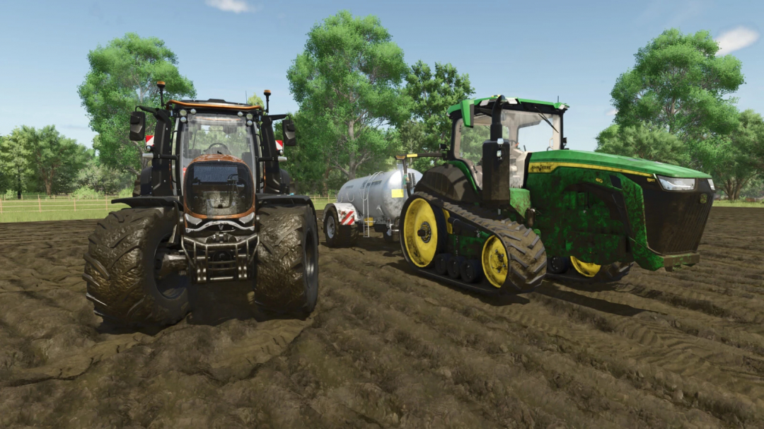 Farming Simulator 25 mods showing two tractors and a tank vehicle on a farm field with real dirt colors mod.