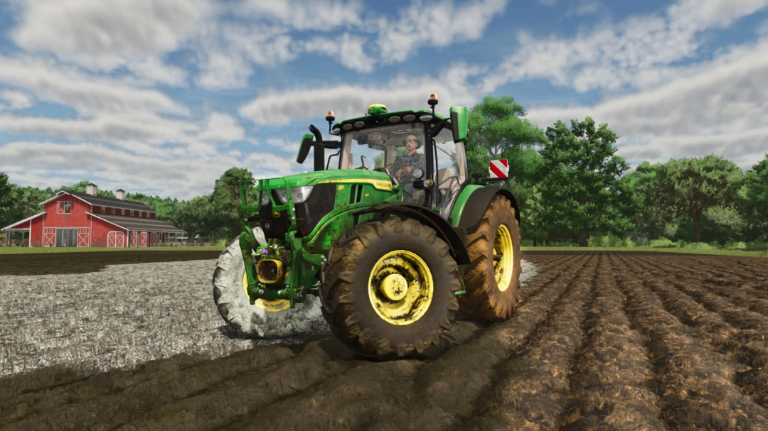 Farming Simulator 25 mod for Real Dirt Color v1.0.4.0, showcasing a green tractor plowing muddy fields on a farm.