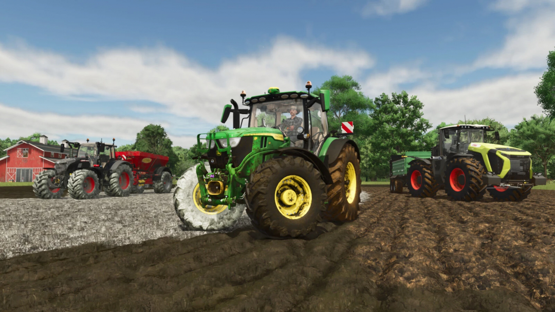Farming Simulator 25 mod showcasing tractors, including a green John Deere tractor with real dirt color applied, on a farm field.