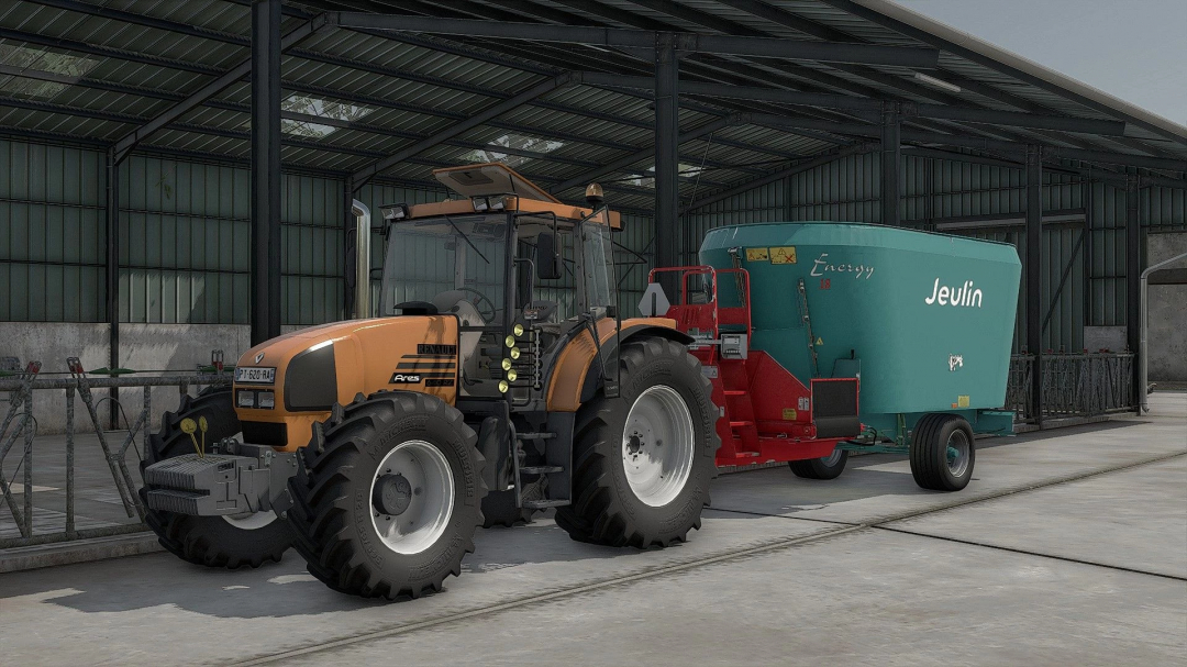 Farming Simulator 25 mod featuring a Renault 600 Ares tractor with a Jeulin energy mixer inside a farm storehouse.