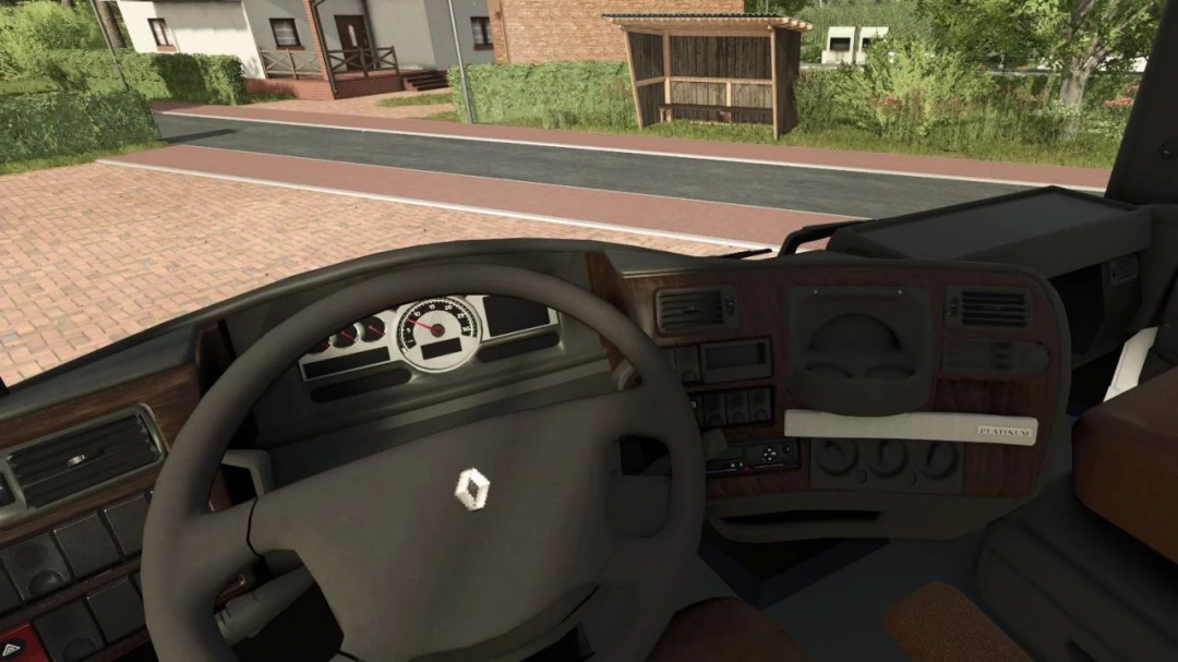 Farming Simulator 25 mod: Interior view of a Renault Magnum truck with realistic dashboard and steering wheel.