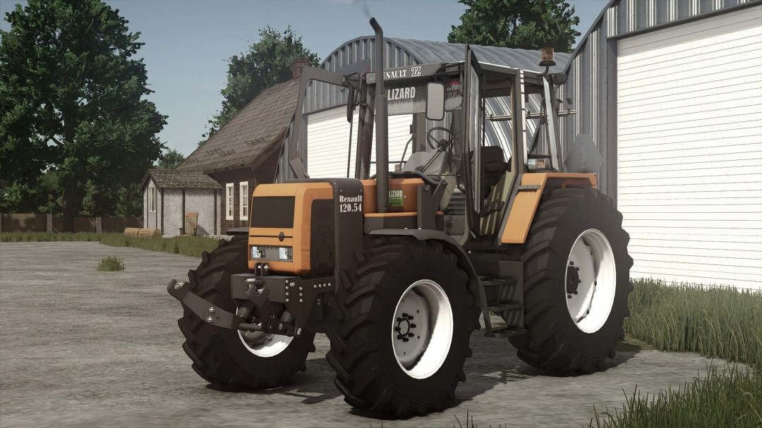 Farming Simulator 25 mod: Renault TZ v1.0.0.4 tractor with realistic design parked outside a farm building.
