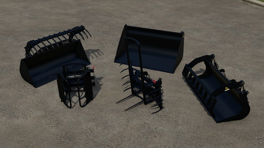 Farming Simulator 25 mods, Riman Tool Pack v1.0.0.0 including various bucket attachments for farming tasks.
