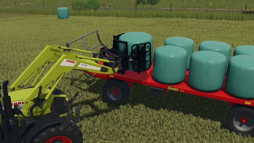 Farming Simulator 25 mods featuring a Claas loader with a Riman Tool Pack v1.0.0.0 for bales on a tractor trailer.