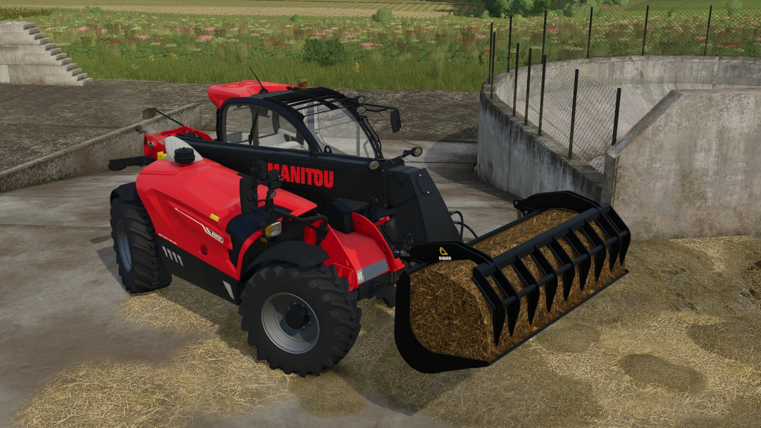 Farming Simulator 25 mod: Riman Tool Pack v1.0.0.0 with a red and black loader attached to a tractor on a farm.