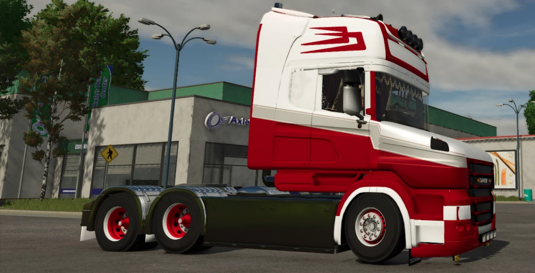Farming Simulator 25 mods, detailed model of a red and white SCANIA truck mod for FS25 recreating the game experience.