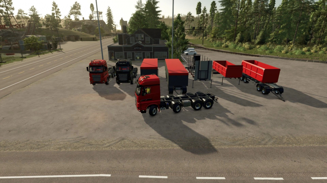 Farming Simulator 25 mod image featuring red and black trucks and trailers, part of the SISU Polar Swapbody Pack v1.0.0.0.