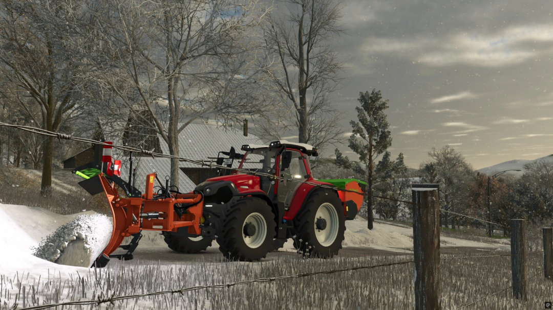 Farming Simulator 25 mod: Snow clearing tractor with snow plow on a snowy farm landscape.