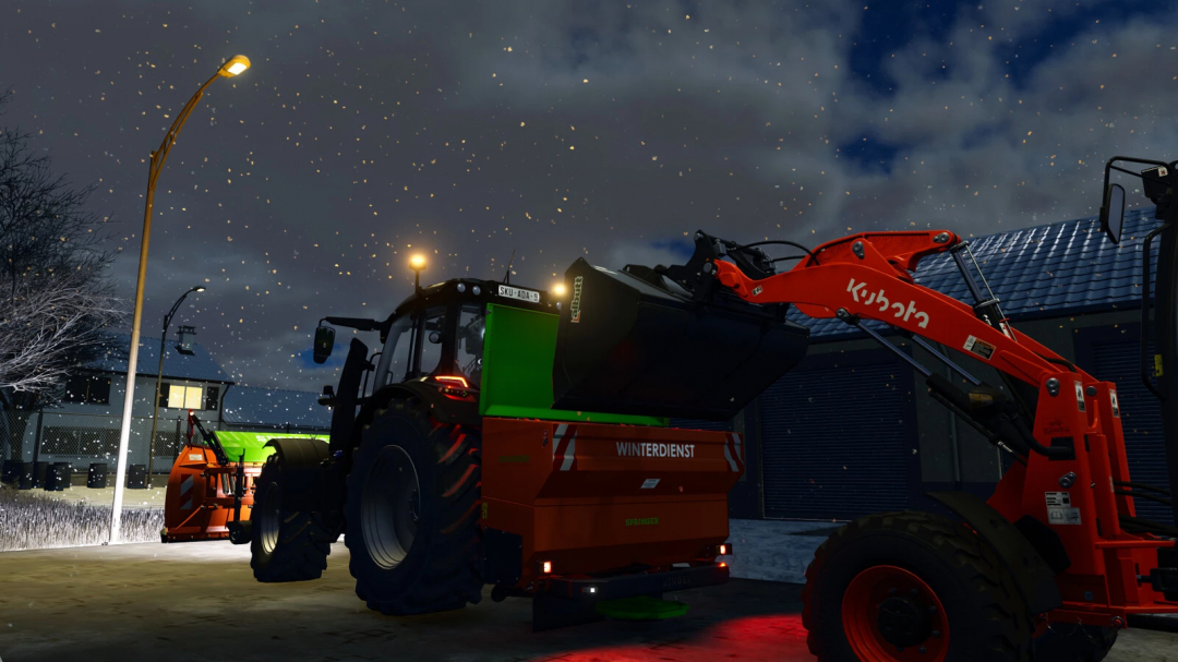 Farming Simulator 25 mod: Kubota tractor with winter equipment pack, snow plow, and winter service tools at night.