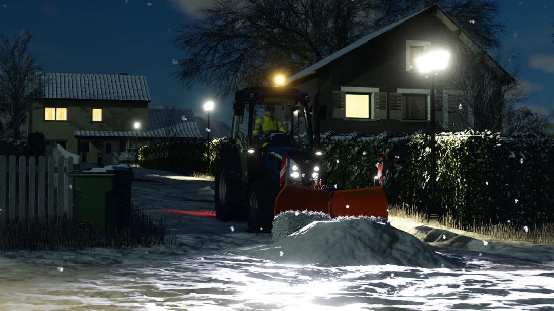 Farming Simulator 25 mod: Snow removal with a tractor equipped with winter equipment pack at night.
