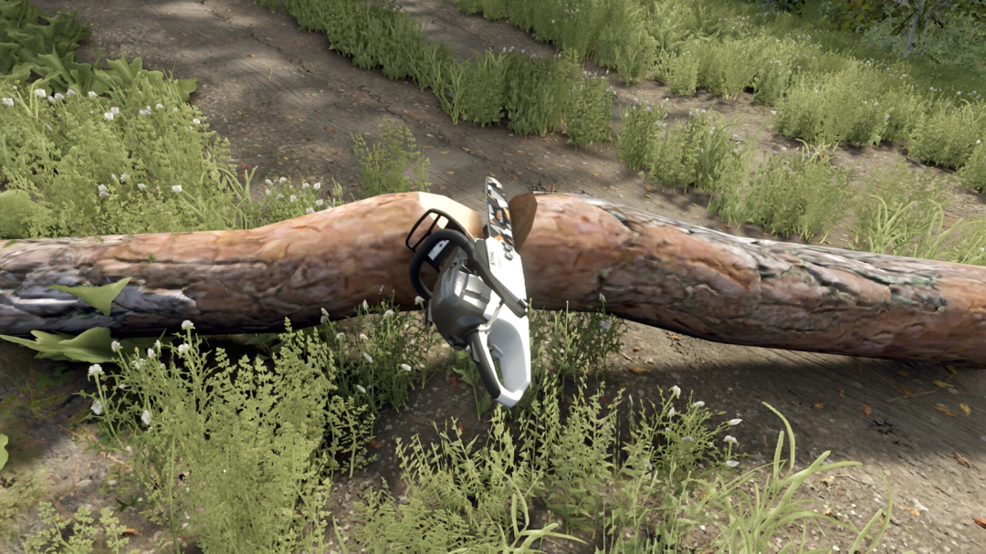 Farming Simulator 25 mod image showing a chainsaw placed on a fallen log in a field with green plants and soil, part of FS25 mods.