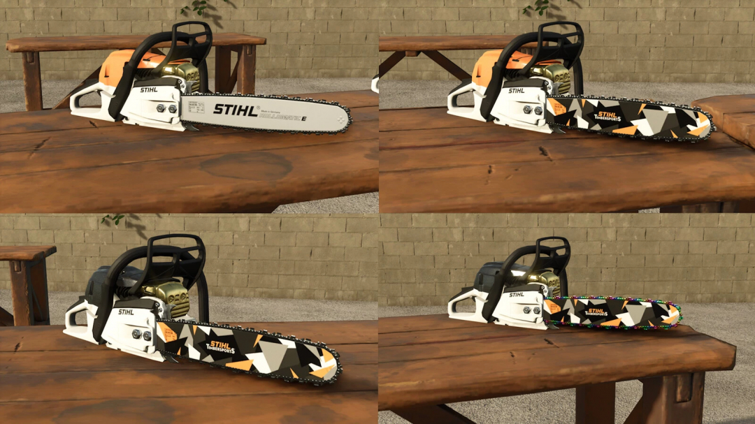Farming Simulator 25 mod image showing a chainsaw with different custom skins, part of the STIHL MS 261 C-M Pack v1.0.0.0.