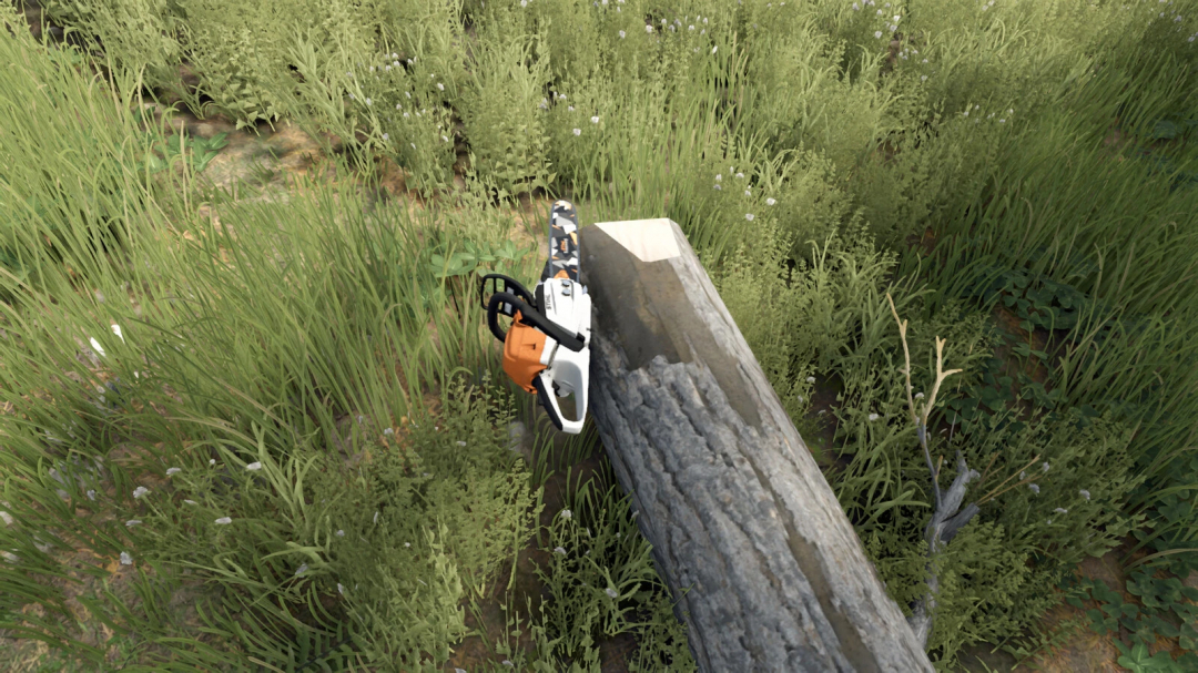 In Farming Simulator 25, a chainsaw is positioned on a fallen tree trunk among green grass and weeds, as part of FS25 mods.