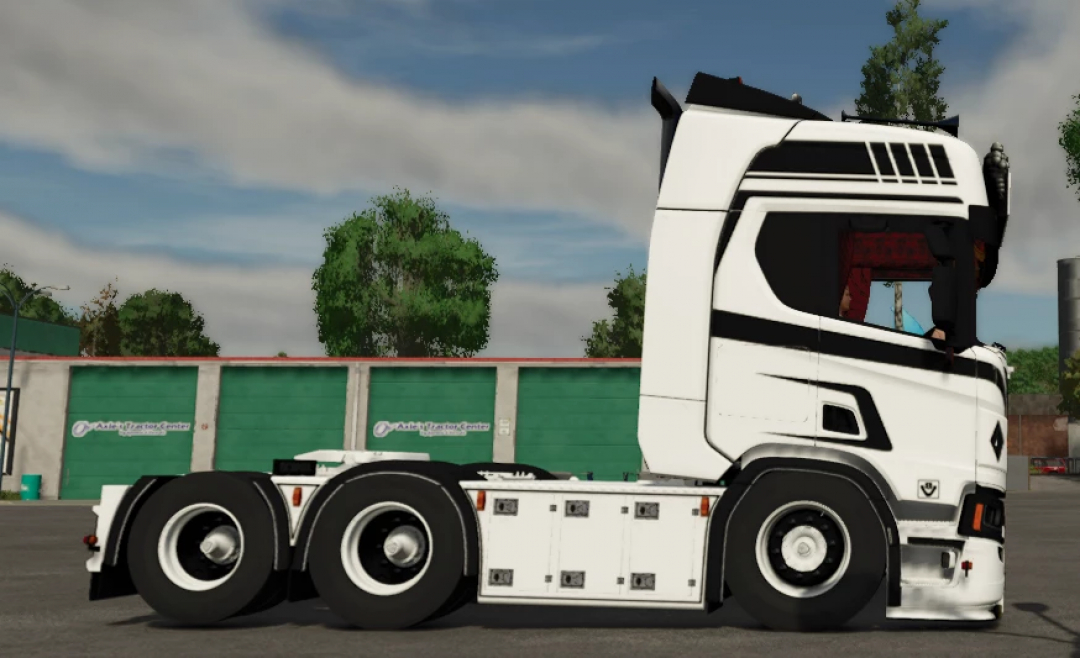 Farming Simulator 25 mod: Scania r650 v1.0.0.0 truck in a parking lot, featuring realistic white design with black accents.