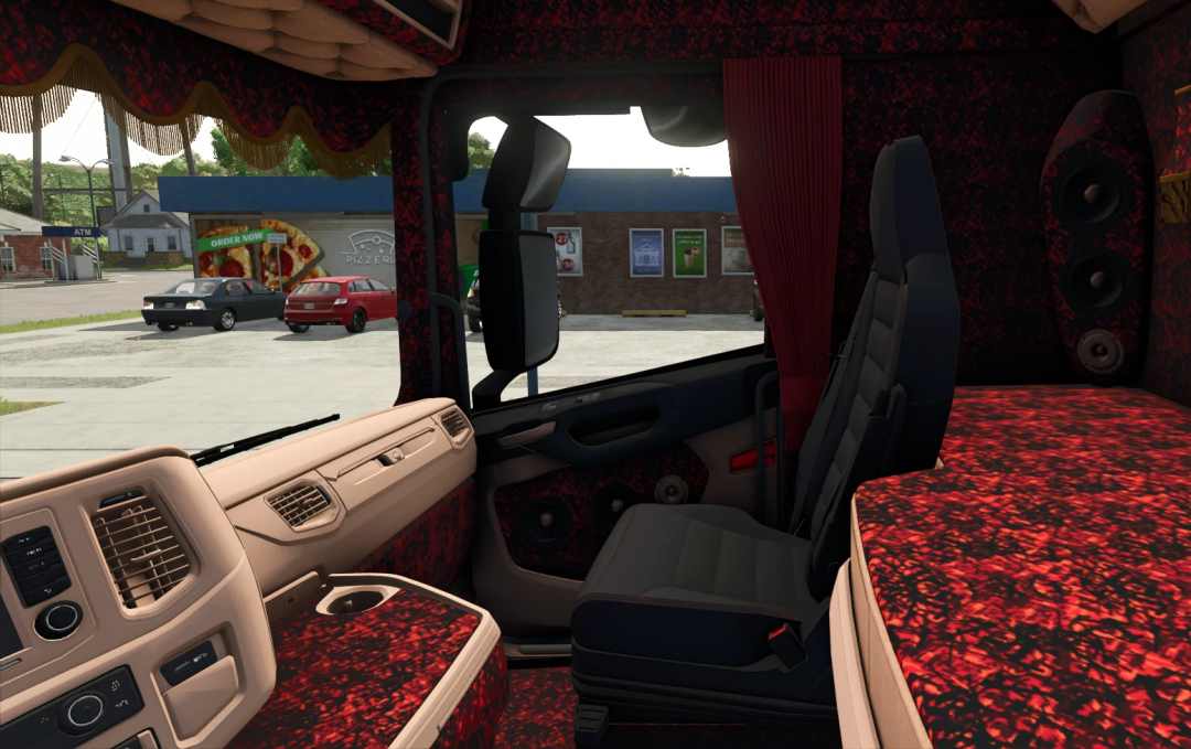 Inside view of a Scania r650 in Farming Simulator 25 mods, showcasing detailed interior with vibrant red and black upholstery