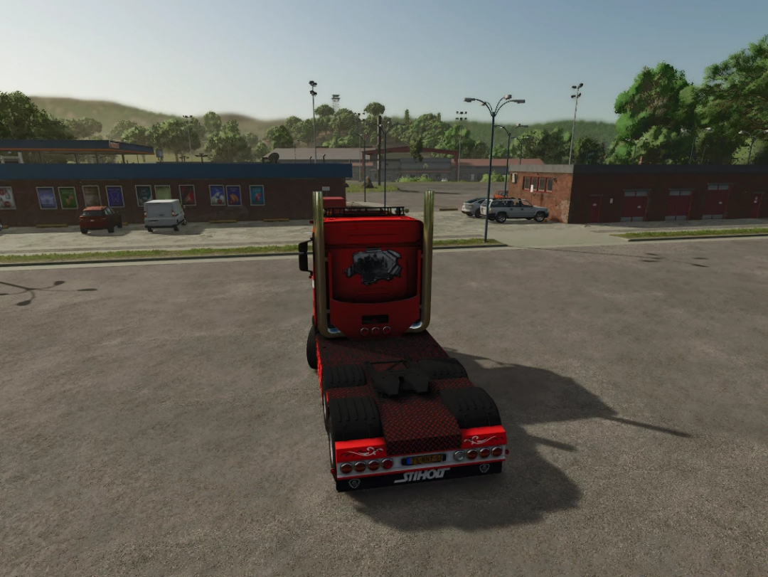 Red Scania S truck in Farming Simulator 25 with mods, showing the back view on a parking lot.