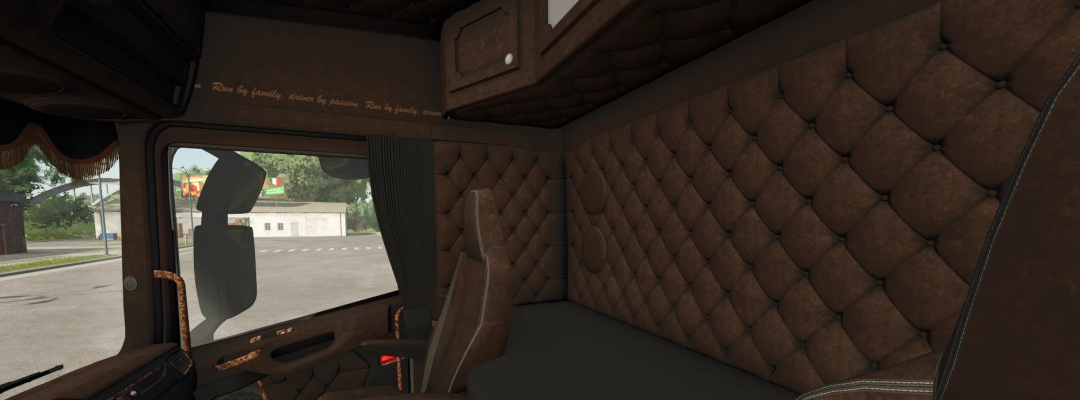 Inside view of a heavily customized truck cabin with quilted brown interior from the FS25 mod for Farming Simulator 25.