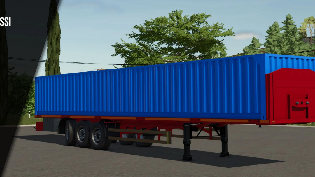 FS25 mod: Semi trailer with 3 axles in blue and red, located outdoors near trees, for Farming Simulator 25 gameplay.