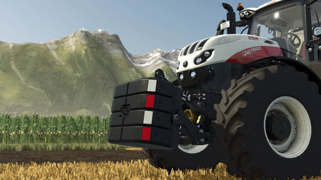 Farming Simulator 25 mod: Steyr Weight Pack v1.0.0.0 on a tractor in a field with mountains in the background.