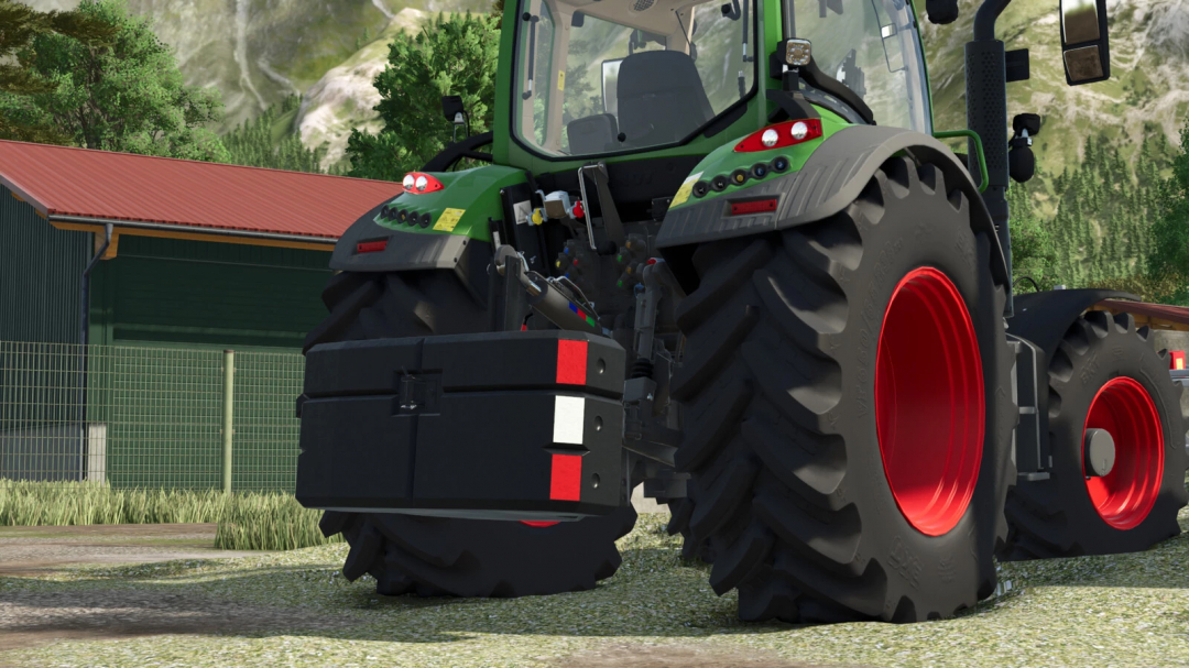 Farming Simulator 25 modded tractor with Steyr Weight Pack v1.0.0.0, large rear tires, and weight blocks on the front.